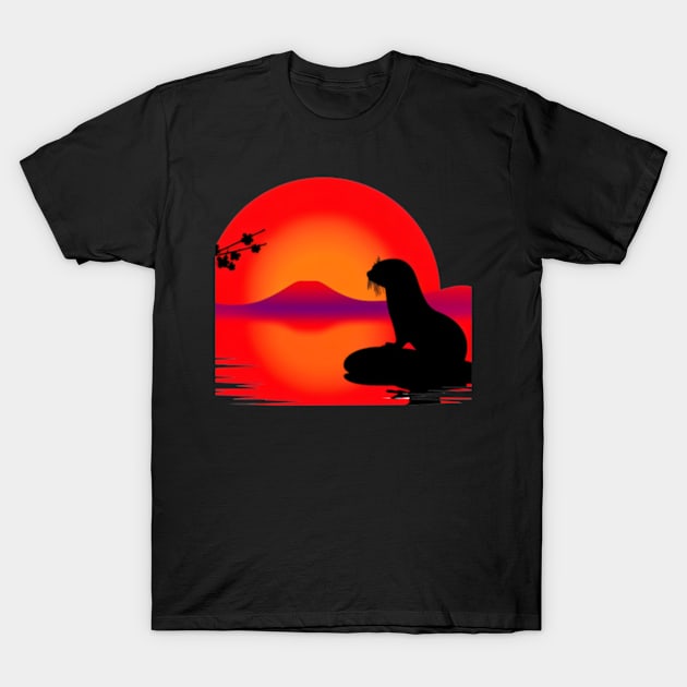 Aquatic Animal Vintage Sunset Cute Japanese Art Otter T-Shirt by Willie Biz Merch